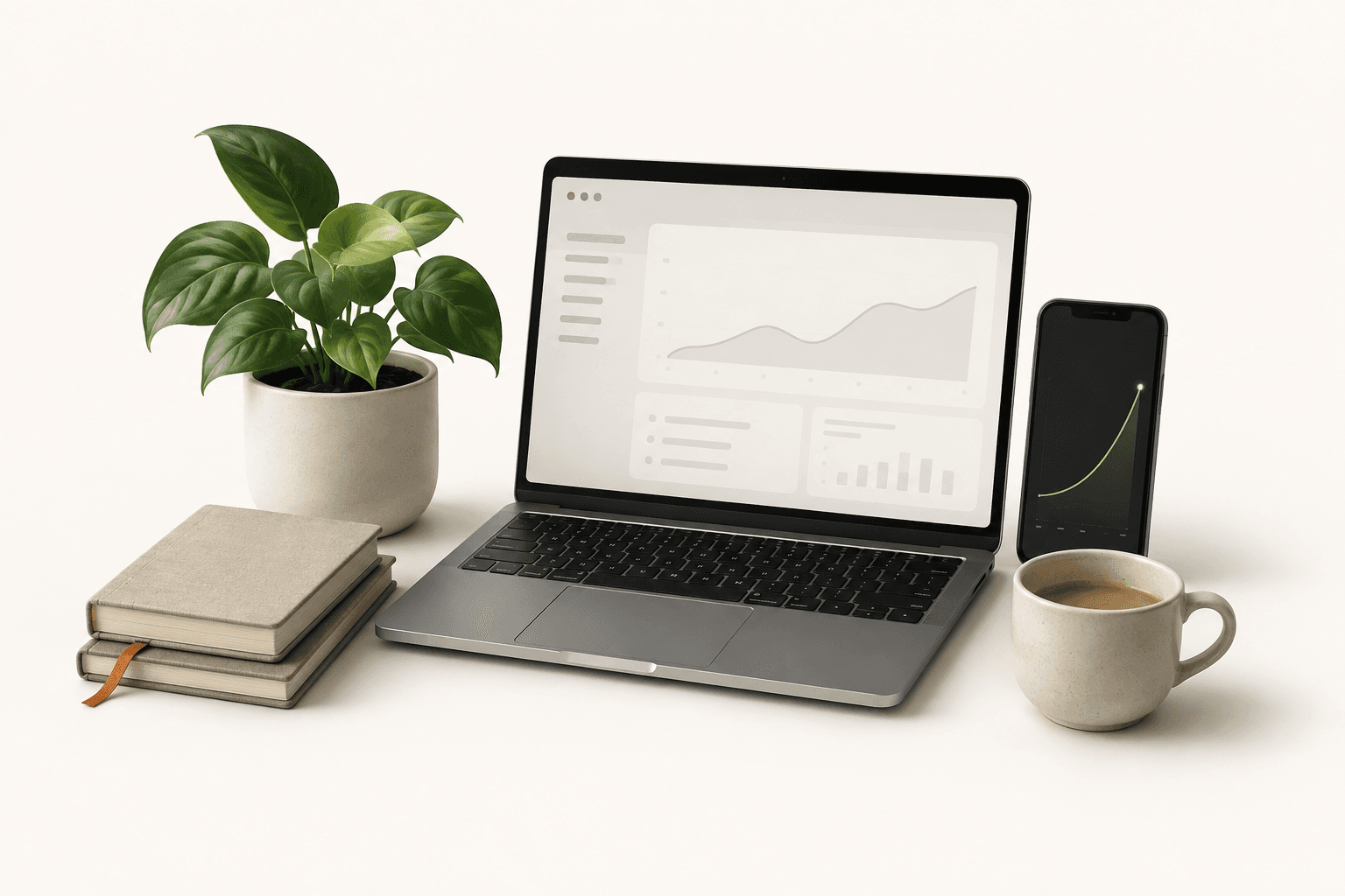 A quiet illustrated workspace with a laptop, a phone, a leafy plant, linen notebooks and a cup of coffee