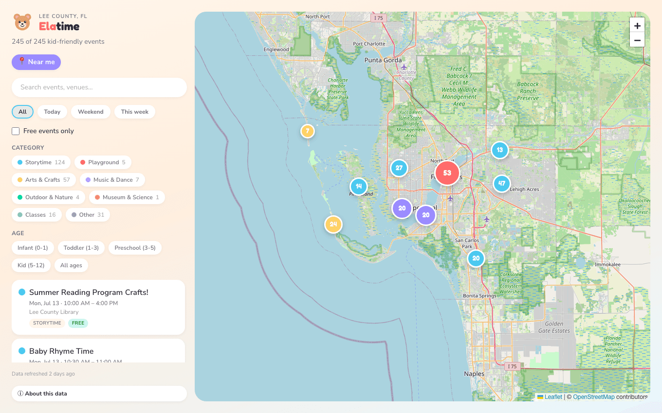 Elatime’s app interface, with a map around Cape Coral and Fort Myers beside activity, age, date, and free-event filters.