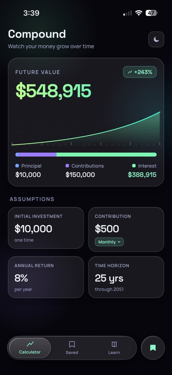 Compound259 calculator in dark mode, showing a savings growth chart, contribution settings, and a breakdown of principal and interest.
