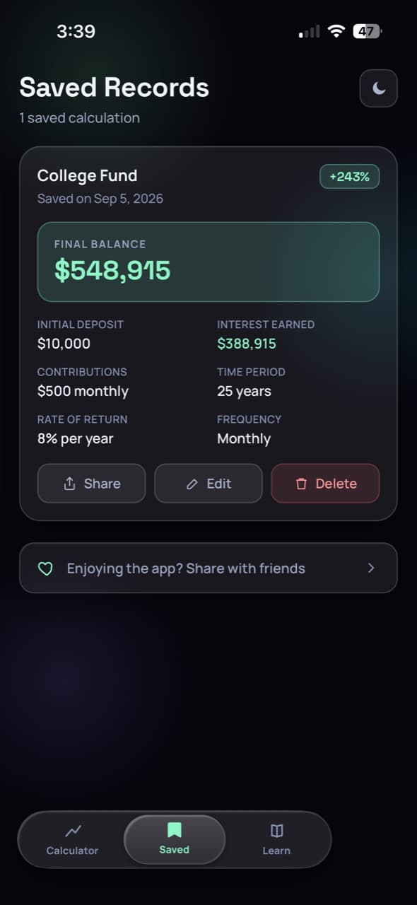 Compound259 Saved Records in dark mode, showing the College Fund savings scenario, final balance, and contribution details.